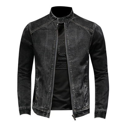 maoxiangshop-shop men outfits Spring and Autumn New Stand Collar Zipper Denim Coat Men's plus Size Trendy Motorcycle Jacket