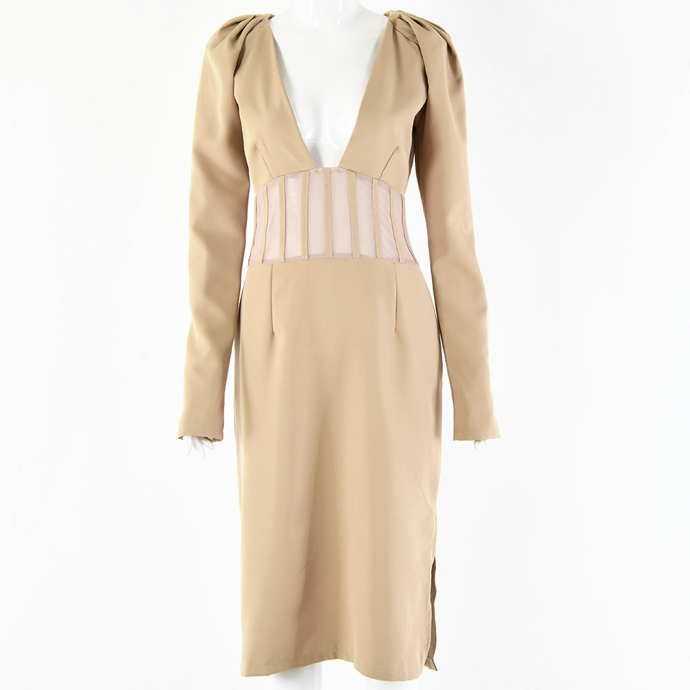 2025 style hollow splicing dress, celebrity style explosion, sexy perspective split V-neck long-sleeved temperament dress