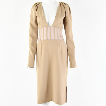 2025 style hollow splicing dress, celebrity style explosion, sexy perspective split V-neck long-sleeved temperament dress