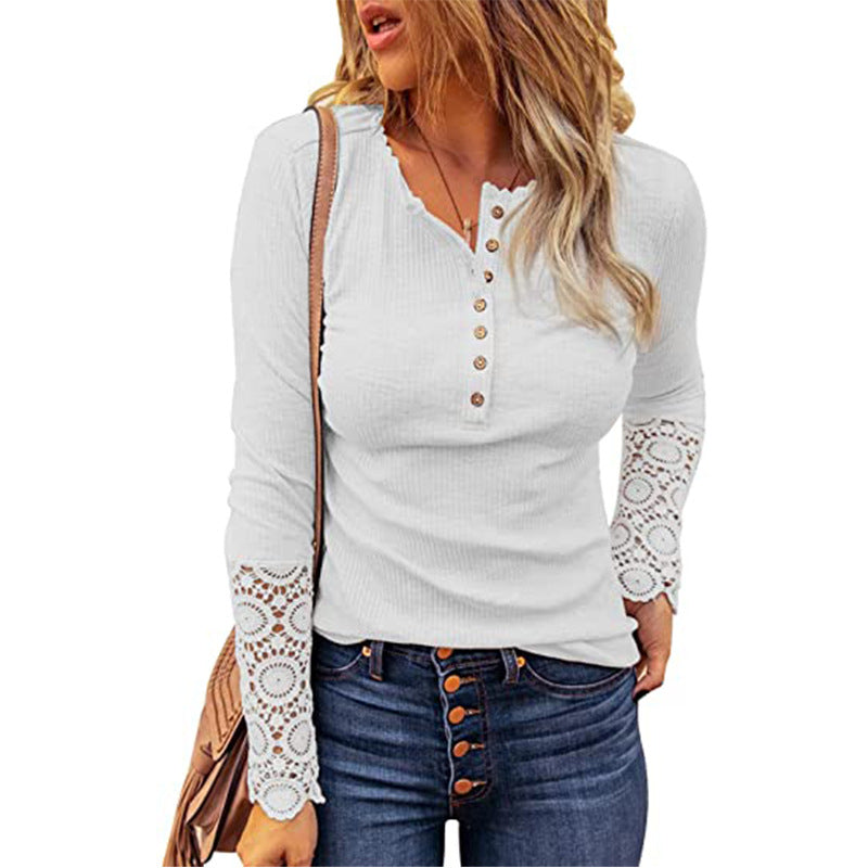 maoxiangshop Women's Clothing Hot Round Neck Splicing Lace Sleeves Loose Solid Color Long-sleeved T-shirt