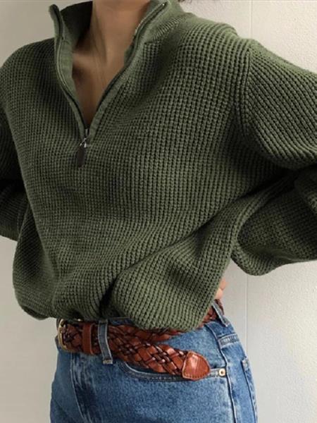 maoxiangshop casual fall outfits Autumn and Winter Women's Clothing Popular Zipper Stand Collar Long Sleeve Loose Sweater for Women