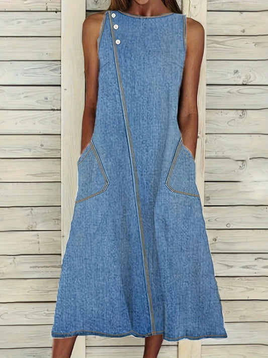 Plain Washed Blue Buttons Casual Style Patch Pocket Sleeveless Maxi Denim Dress, Women's Denim Jeans & Clothing