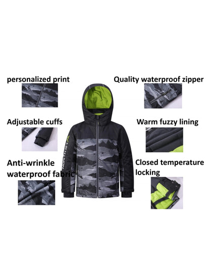 Boys' Waterproof Ski Jacket - Warm Fleece-Lined, Windproof & Snowproof with Hooded Stand Collar for Winter Outdoor Sports