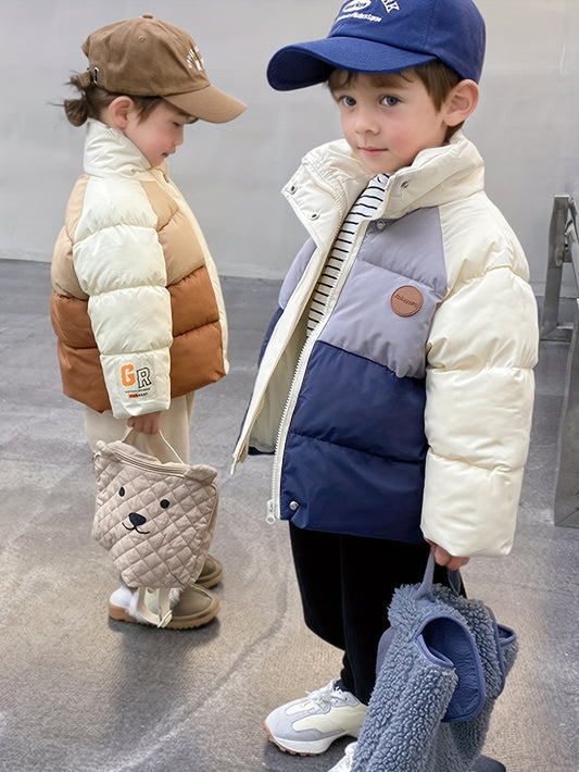 Boys Trendy Colorblock Drop Shoulder Warm Stand Collar Jacket, Zip Up Coat, Boy's Clothes For Winter Outdoor, As Gift