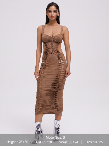 Street Brown Cut Out Dress Midi Dress