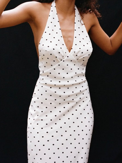 Backless Halter Polka Dots Sleeveless Midi Dress