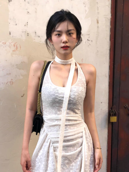 Slightly transparent jacquard dress for women, n Spice Girl sleeveless high-end vacation style hanging neck floral stacking long dress