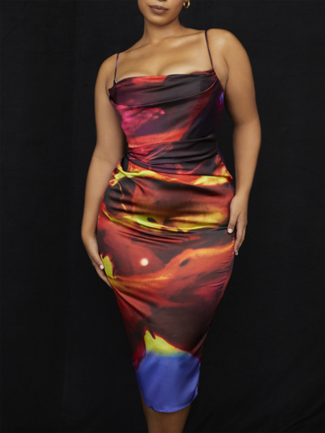 Spaghetti Tie-Dye Pattern Sleeveless Midi Dress