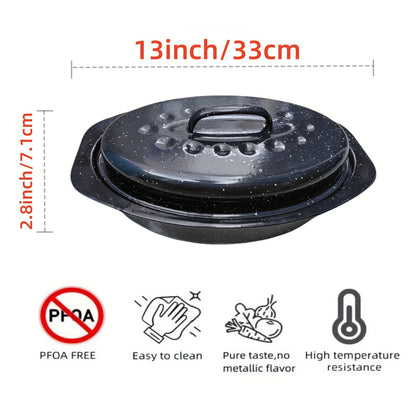 13-Inch Granite Design Enamel Oval Roaster with Lid - High Heat Resistant, Non-Toxic, Dishwasher Safe, Perfect for Roasting Turkey, Beef, Vegetables - Food Contact Safe, Easy Cleanup, Durable Construction