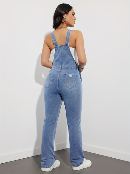 Women's Distressed Ripped Denim Overalls, Casual Loose Fit Jumpsuit With Pockets, Vintage Jean Dungarees For Daily Wear