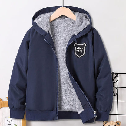 Boys Casual Label Patched Fleece Lined Zip Up Hooded Jacket, Boys Clothes For Fall Winter