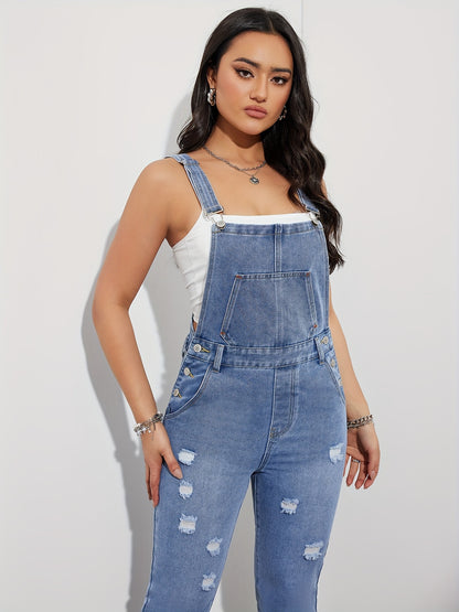 Women's Distressed Ripped Denim Overalls, Casual Loose Fit Jumpsuit With Pockets, Vintage Jean Dungarees For Daily Wear