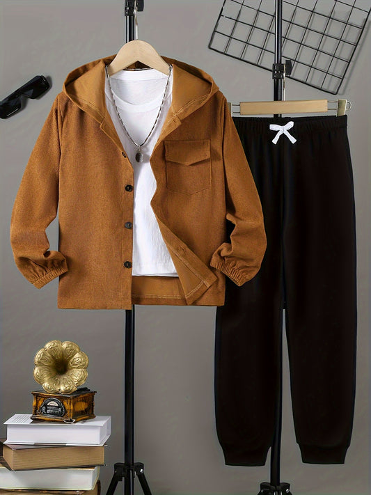 Boys Long Sleeve Hooded Corduroy Button Down Jacket & Casual Jogger Pant Set For Spring/Autumn