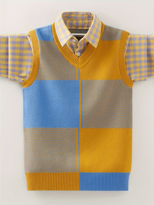 Boys' Cozy Cotton Knit Sweater With Faux Two-pcs Design - Casual Plaid Pullover For Fall/Winter, Easy Care