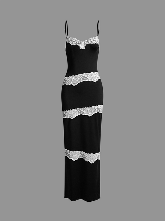 Patchwork Lace Spaghetti Color Block Sleeveless Maxi Dress