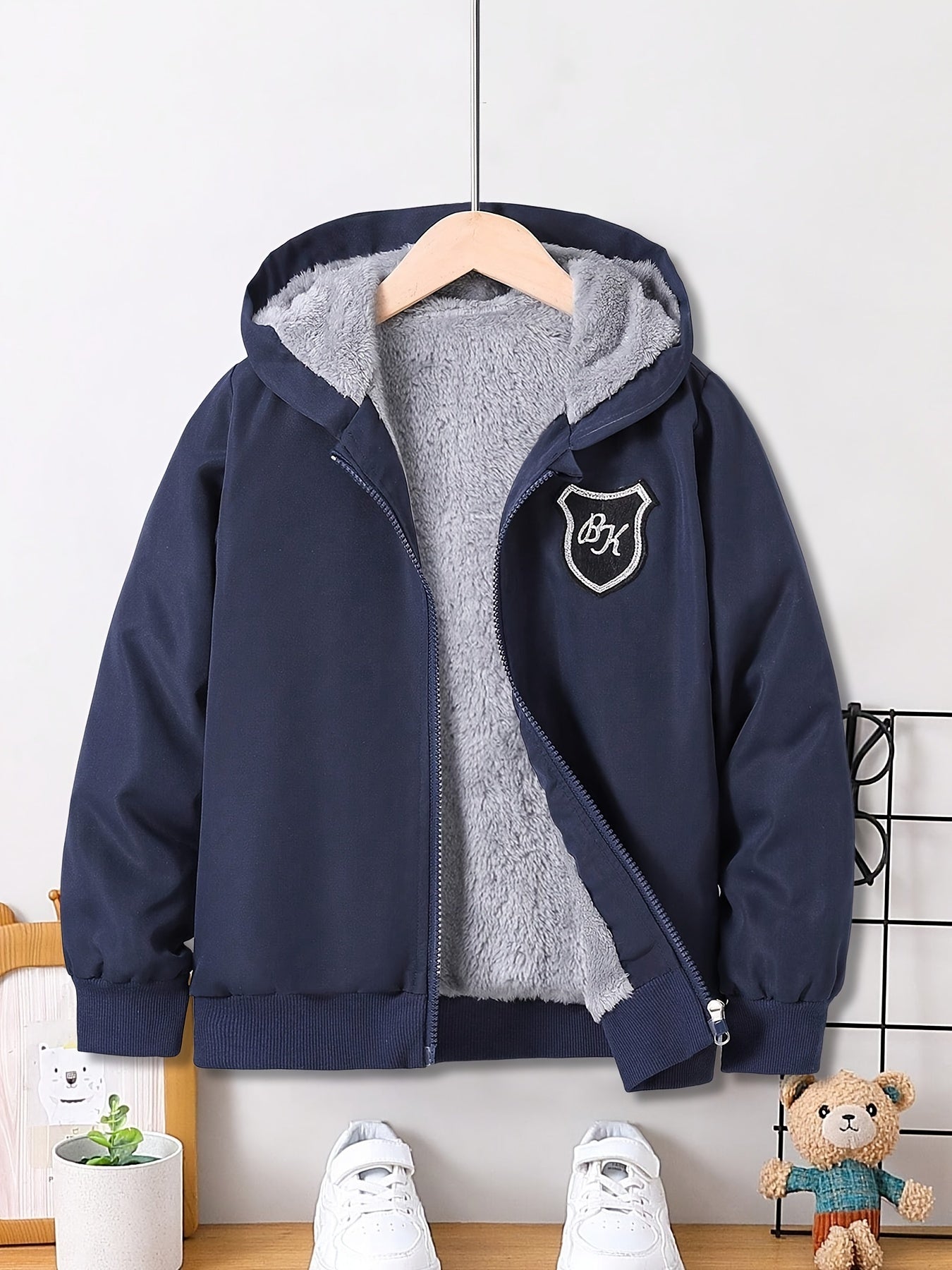 Boys Casual Label Patched Fleece Lined Zip Up Hooded Jacket, Boys Clothes For Fall Winter