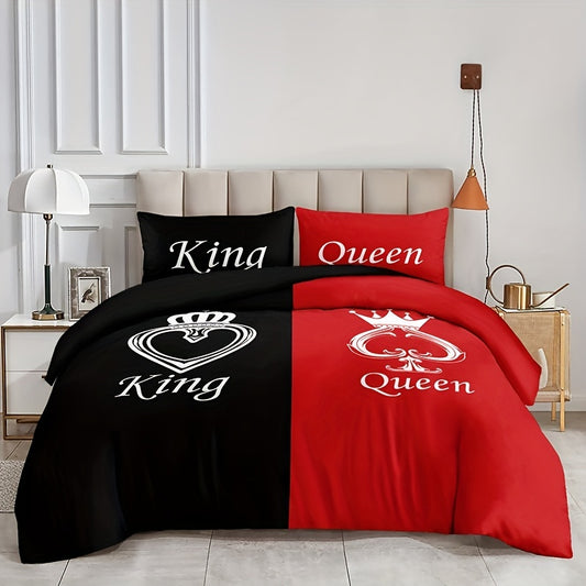 3-Piece Black and Red Crown Pattern Duvet Cover Set - Soft, Breathable, and Hypoallergenic Bedding for Bedroom and Guest Room - Includes 1 Duvet Cover and 2 Pillowcases, No Filling Required