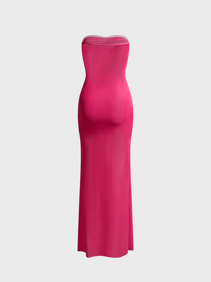 Cut Out Mesh Strapless Plain Sleeveless Maxi Dress