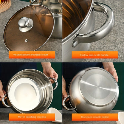 Stainless Steel Saucepan with Brushed Finish | Induction Compatible & Versatile Heat Source | Hollow Anti-Scald Handle | Explosion-Proof Glass Lid | Mirror Polished Interior | Thickened Bottom