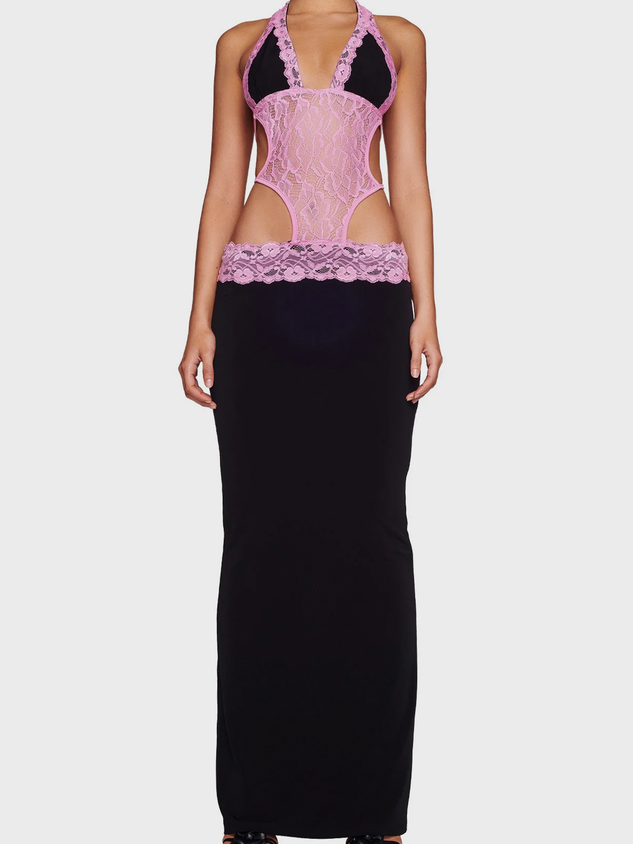 Cut Out Lace Halter Plain Sleeveless Maxi Dress