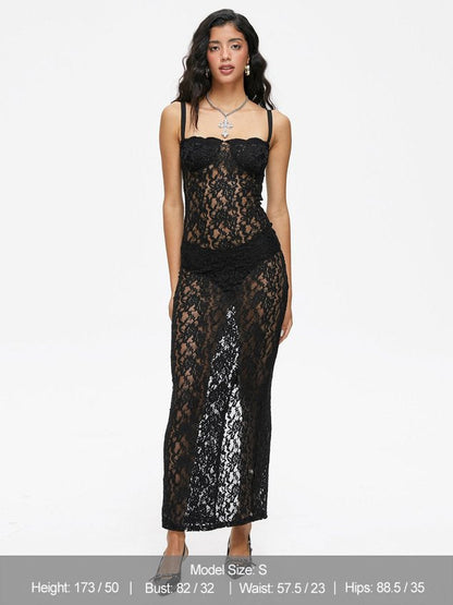 Lace Spaghetti Plain Midi Dress