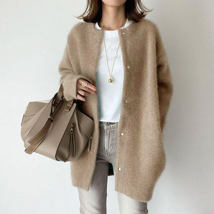 maoxiangshop Women Overcoat Winter Ladies Elegant Round Collar Outerwear Long Sleeve Cardigan Solid Color Single-breasted Long Jacket