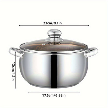 Stainless Steel Saucepan with Brushed Finish | Induction Compatible & Versatile Heat Source | Hollow Anti-Scald Handle | Explosion-Proof Glass Lid | Mirror Polished Interior | Thickened Bottom