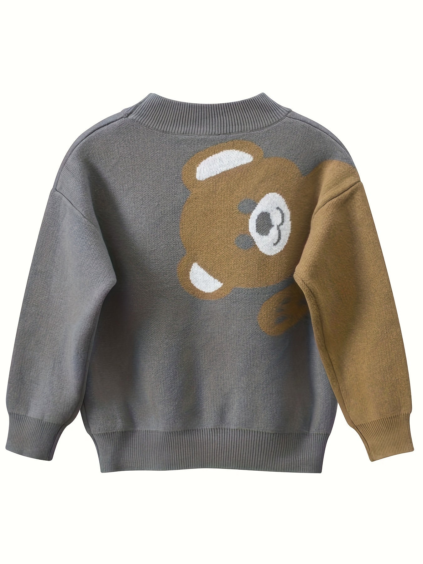 Boys Casual Cotton Knit Sweater With Bear Pattern, Long Sleeve, Crew Neck, Suitable For Boys And Girls Under 12 Years Old