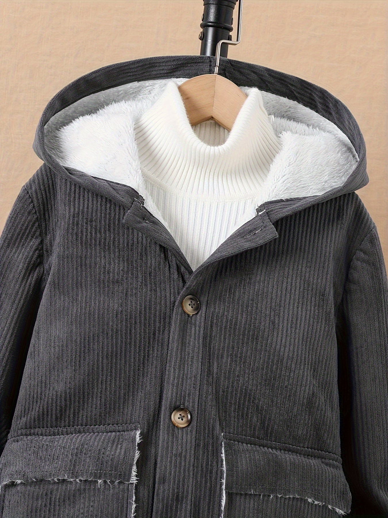 Boys Casual Warm Solid Color Thick Fleece Button Down Hooded Jacket, Boys Clothes For Fall Winter