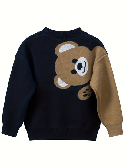 Boys Casual Cotton Knit Sweater With Bear Pattern, Long Sleeve, Crew Neck, Suitable For Boys And Girls Under 12 Years Old