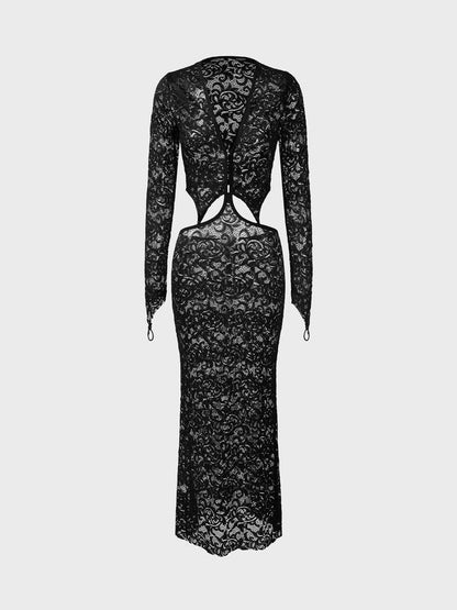 Lace Cut Out V Neck Plain Long Sleeve Maxi Dress