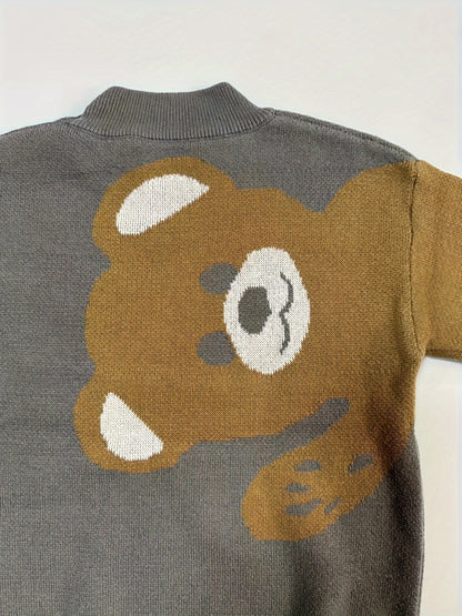 Boys Casual Cotton Knit Sweater With Bear Pattern, Long Sleeve, Crew Neck, Suitable For Boys And Girls Under 12 Years Old