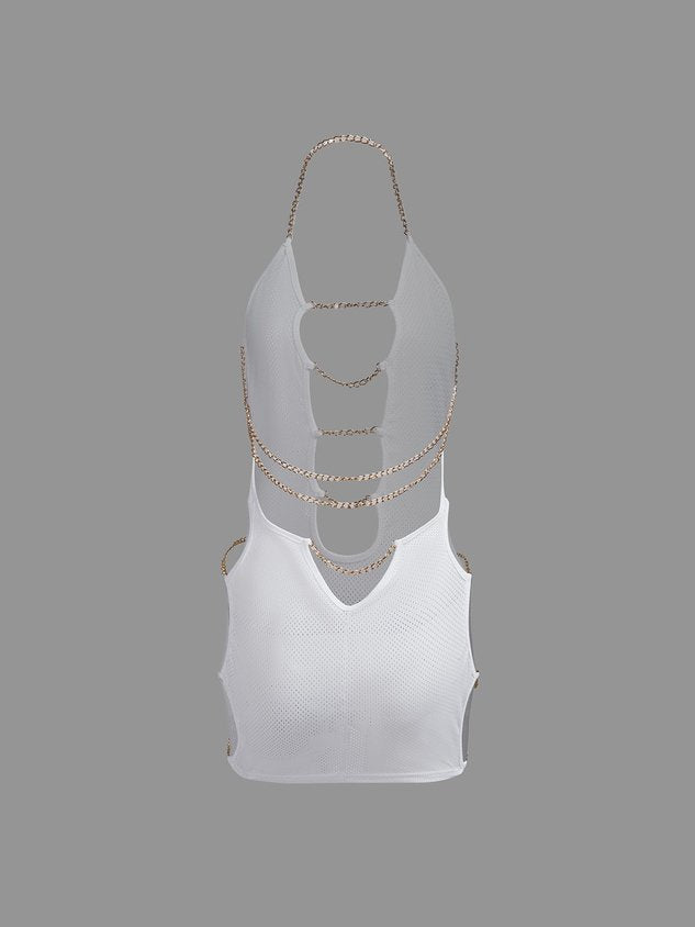 Cut Out Metal Chain Halter Plain Sleeveless Short Dress