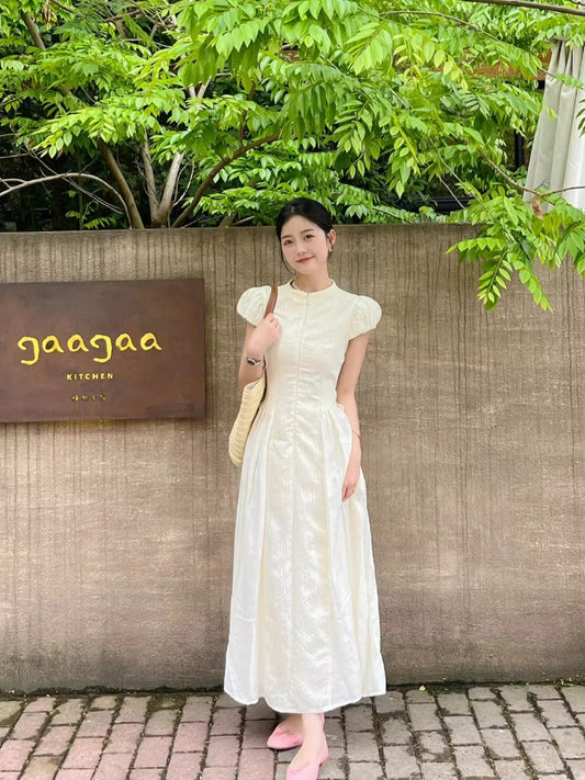 Premium  retro dress women's  summer new temperament waist thin bubble sleeves coffee break long skirt
