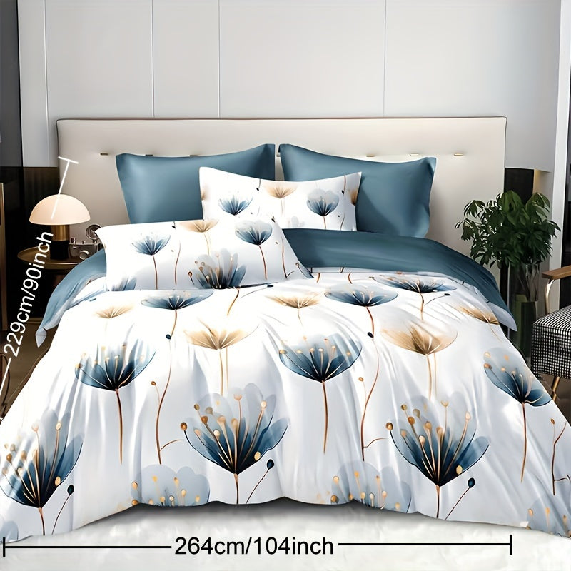 3-Piece Botanical Bliss Duvet Cover Set - Soft, Breathable, Machine Washable, Quick-Drying, Blue Floral Pattern, 1 Duvet Cover and 2 Pillowcases (No Core) for a Refreshing Bedroom Decor