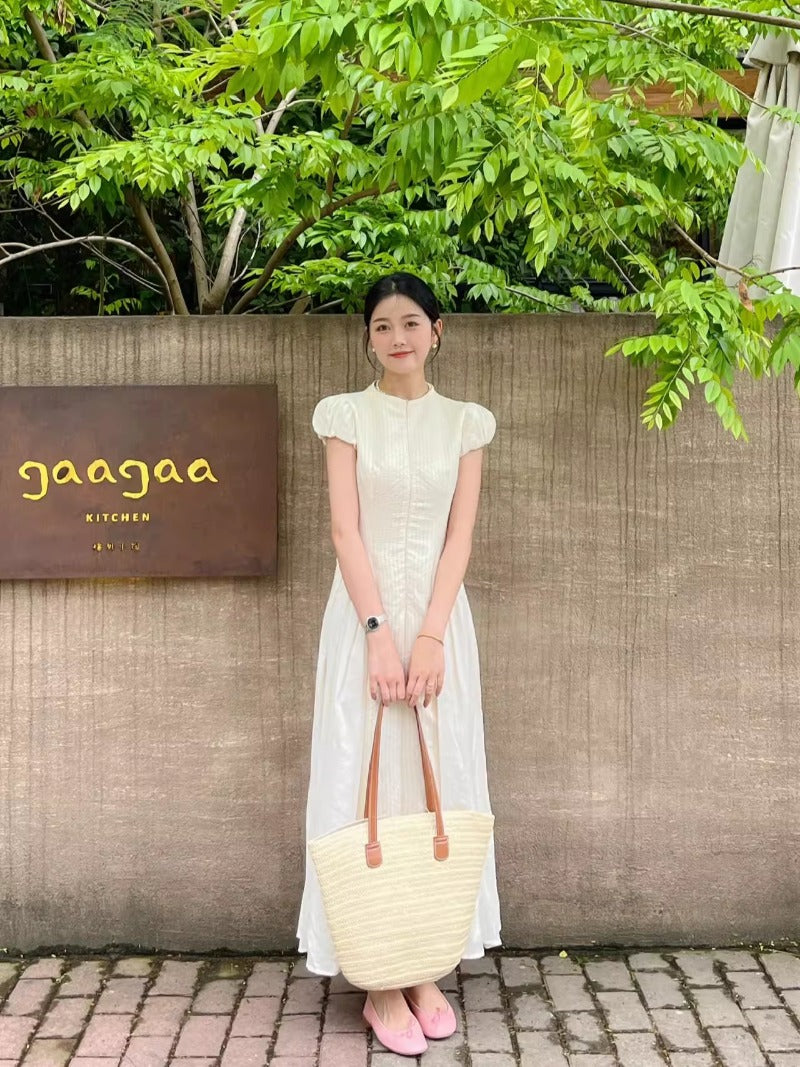 Premium  retro dress women's  summer new temperament waist thin bubble sleeves coffee break long skirt