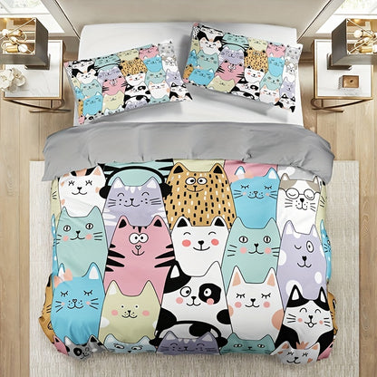 3-Piece Fashionable Cartoon Cat Print Duvet Cover Set - Soft, Breathable, Comfortable Bedding for Bedroom and Guest Room Decor - Includes 1 Duvet Cover and 2 Pillowcases, No Filling