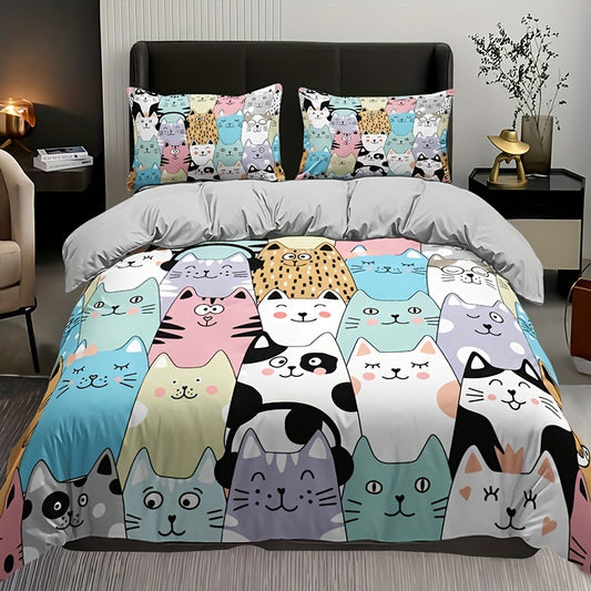 3-Piece Fashionable Cartoon Cat Print Duvet Cover Set - Soft, Breathable, Comfortable Bedding for Bedroom and Guest Room Decor - Includes 1 Duvet Cover and 2 Pillowcases, No Filling