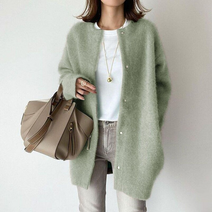 maoxiangshop Women Overcoat Winter Ladies Elegant Round Collar Outerwear Long Sleeve Cardigan Solid Color Single-breasted Long Jacket