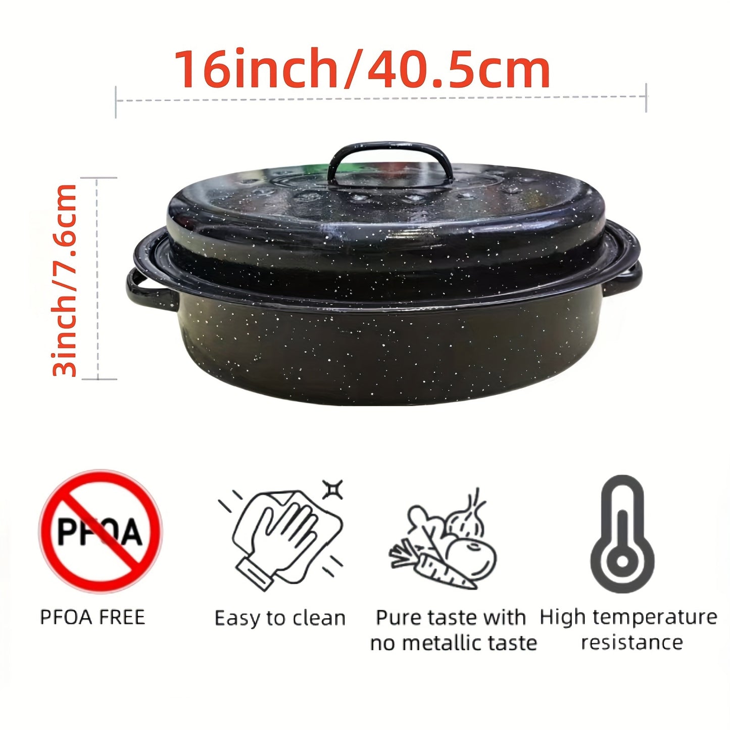 13-Inch Granite Design Enamel Oval Roaster with Lid - High Heat Resistant, Non-Toxic, Dishwasher Safe, Perfect for Roasting Turkey, Beef, Vegetables - Food Contact Safe, Easy Cleanup, Durable Construction