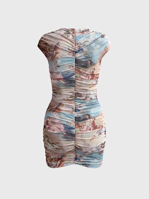 Wrinkled Mesh V Neck Pop Art Print Short Sleeve Short Dress