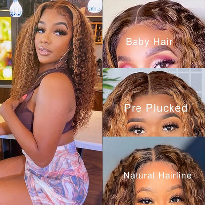 Long #4/27 Highlight Colored Human Hair Wigs Ombre Blonde Kinky Curly Lace Front Synthetic Wig For Black Women