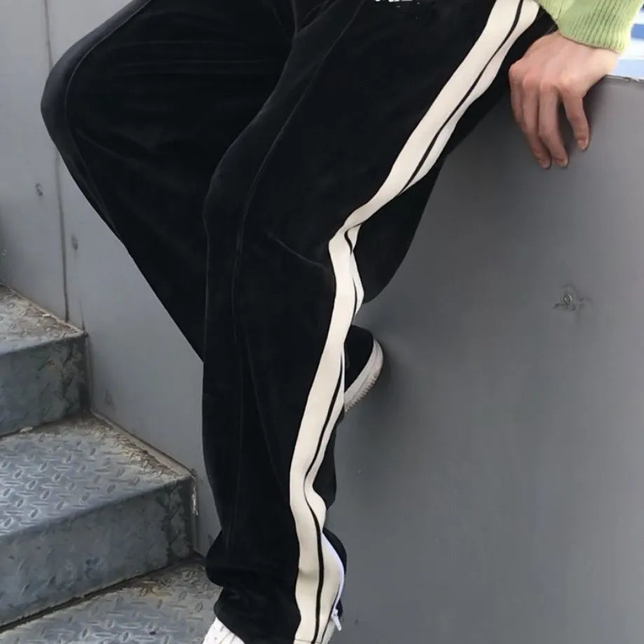 Sweatpants casual pants zippered pants Plamm rainbow striped velvet loose classic pants street contrast pants sport