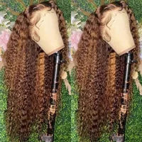 Long #4/27 Highlight Colored Human Hair Wigs Ombre Blonde Kinky Curly Lace Front Synthetic Wig For Black Women