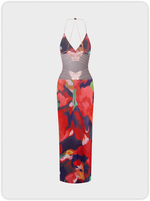 Backless Spaghetti Abstract Sleeveless Maxi Dress