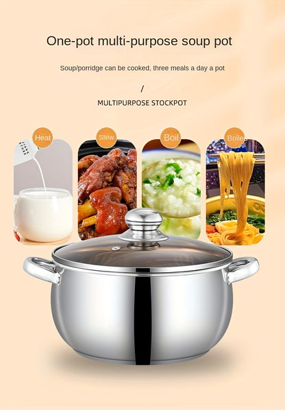 Stainless Steel Saucepan with Brushed Finish | Induction Compatible & Versatile Heat Source | Hollow Anti-Scald Handle | Explosion-Proof Glass Lid | Mirror Polished Interior | Thickened Bottom