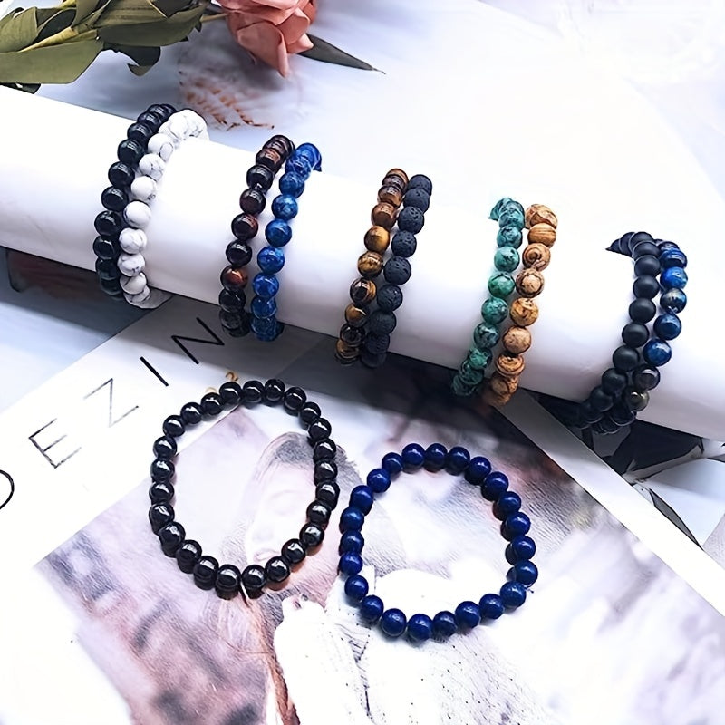 10pcs 8mm Semi Precious Stone Bracelet Round Beaded Bracelet, Crystal Heal Stretch Beaded Bracelets For Men, Bracelet Unisex, For Men And Women, Holiday Gifts, Simple Gifts For Men