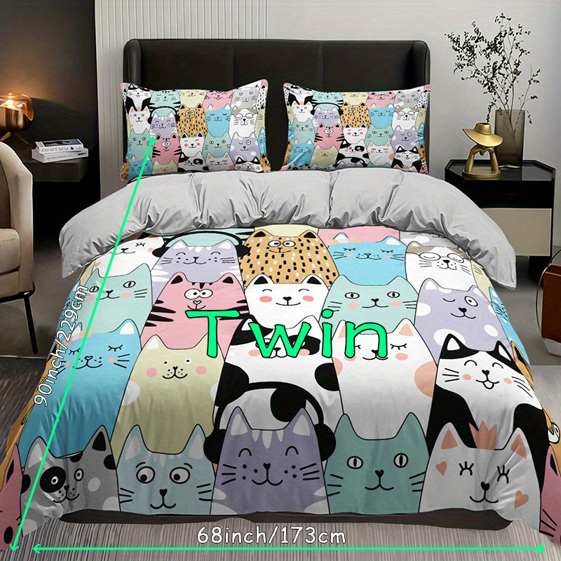 3-Piece Fashionable Cartoon Cat Print Duvet Cover Set - Soft, Breathable, Comfortable Bedding for Bedroom and Guest Room Decor - Includes 1 Duvet Cover and 2 Pillowcases, No Filling