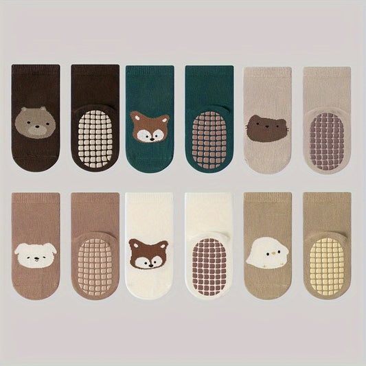 6 Pairs Toddler's Cute Cartoon Animal Pattern Floor Socks, Anti-skid Cotton Socks With Dot Glue, Boys Girls Kids Socks For All Seasons Wearing