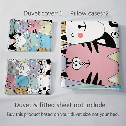 3-Piece Fashionable Cartoon Cat Print Duvet Cover Set - Soft, Breathable, Comfortable Bedding for Bedroom and Guest Room Decor - Includes 1 Duvet Cover and 2 Pillowcases, No Filling